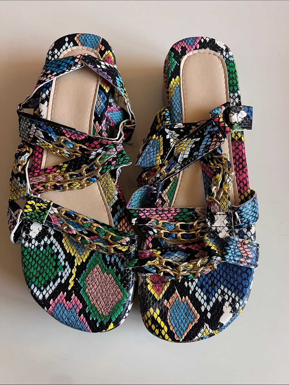 Multicolor Snake-Print Chain Strap Women’s Sandals